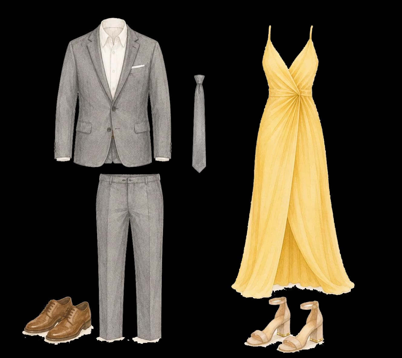 Ilustração de traje social - terno cinza e vestido amarelo